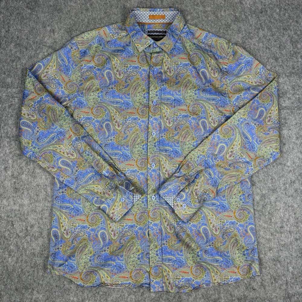 Johnston Murphy Shirt Men M Paisley AOP Print Short Sleeve Casual Blue EUC
